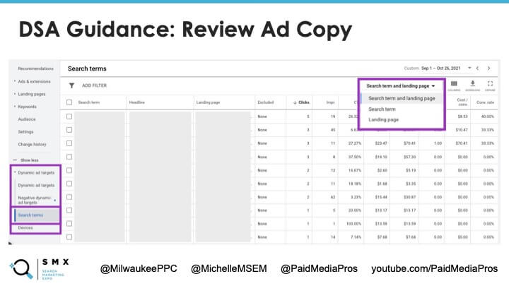 Search term and landing page data within a Google Ads report.