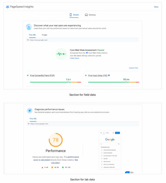 PageSpeed Insights dashboard