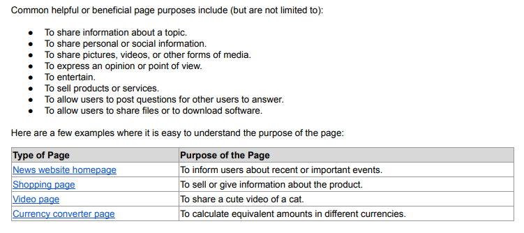 From section 2.2 of the search quality evaluator guidelines: What is the purpose of a webpage?