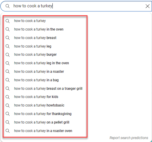 YouTube search predictions for 